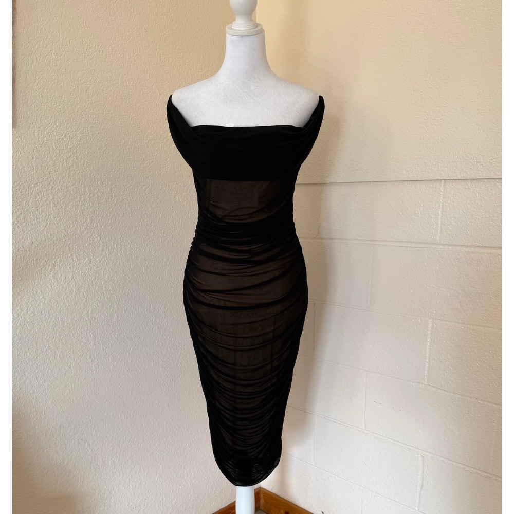 Fashion Nova Ruched Mesh Dress Womens L Black Ready And Ruched Midi Bodycon